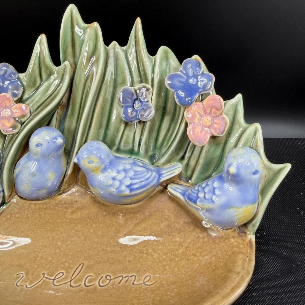 Ceramic Bluebird Welcome Sign Garden Decor Blue‎ Birds Flowers Bowl Dish 9 Inch